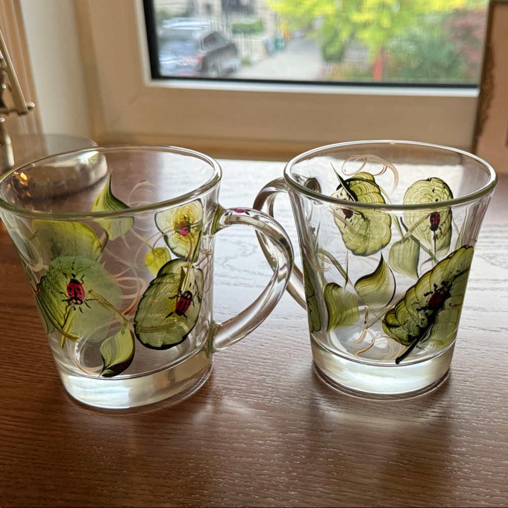 Set of 2 Hand-Painted Glass Mugs – Botanical Floral Design